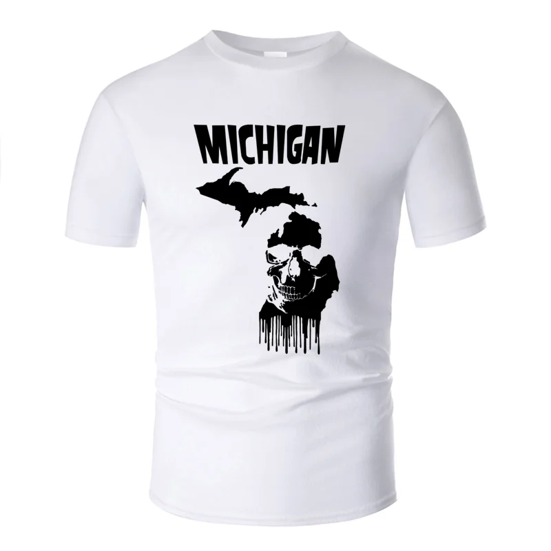 Персонализированные Популярные michigan панк череп футболка для мужчин Kawaii сплошной цвет Футболка круглый воротник хлопок хип хоп Топ - Цвет: Men-White