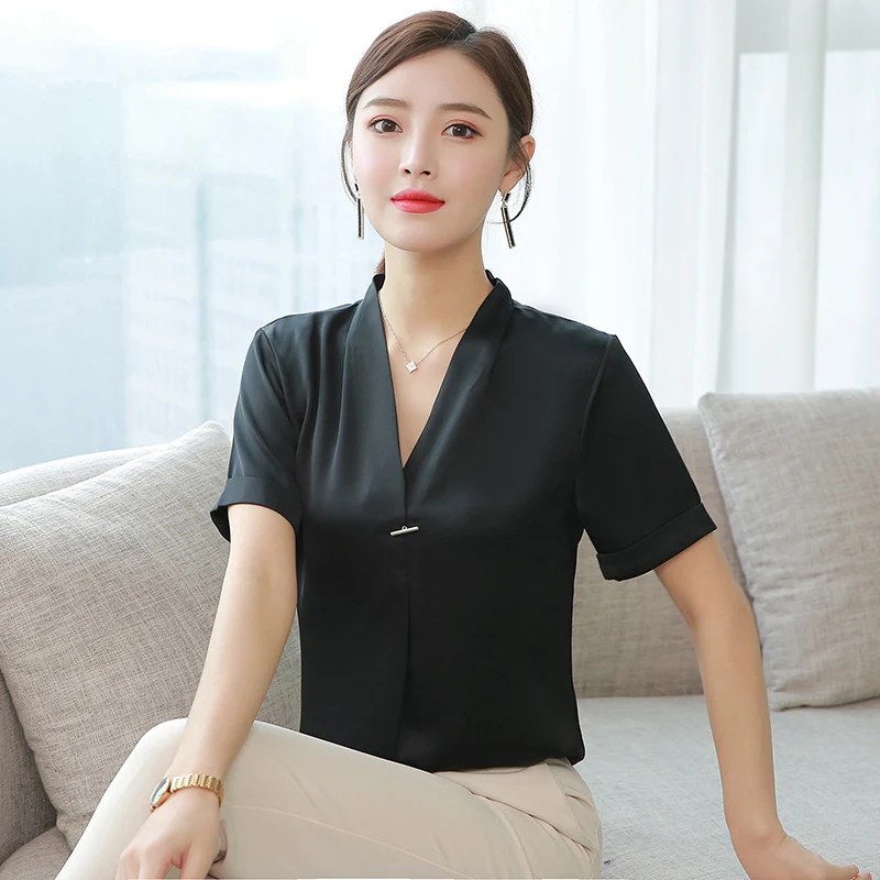 Korean Women Silk Shirts Women Satin Blouses Women V Neck Blouse Tops Plus Size Office Lady Solid Blouses Blusas Mujer De Moda