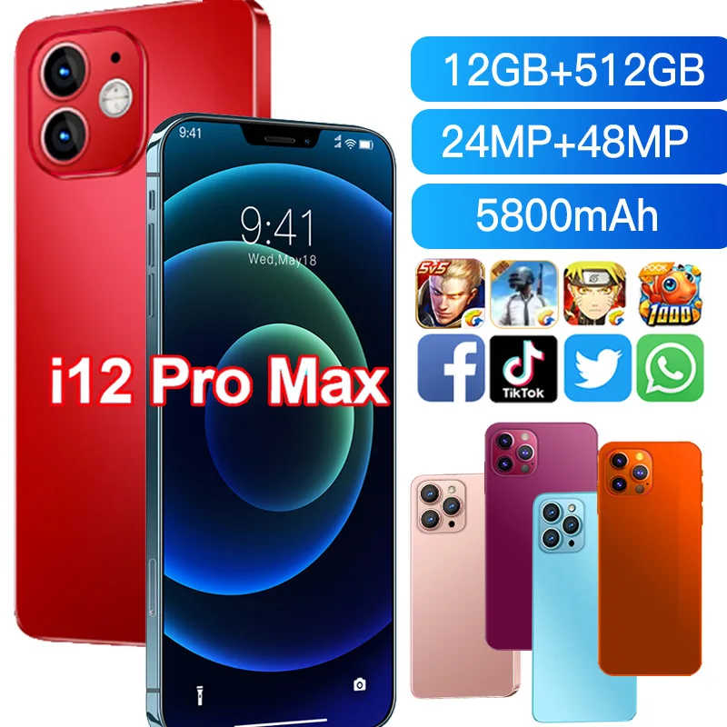 Best I12 Pro Max 6.7Inch Smartphone 12GB+512GB 5800mAh Face ID Google Android 10 Unlocked 5G Global Version Mobilephone Support GPS
