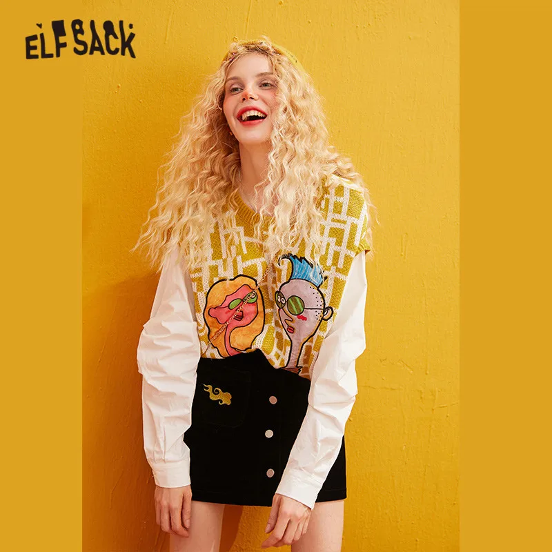 ELFSACK Yellow Character Print Pullover Fake Two Pieces Women Sweaters 2019 Winter Patchwork Sleeve Oversived Female Basics Tops | Женская