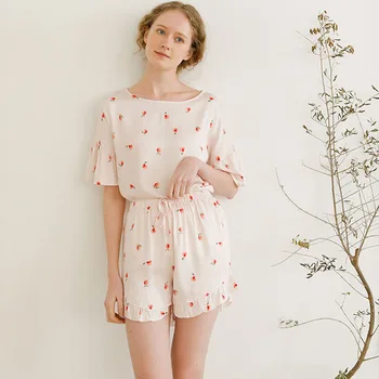 

Elegant Round Neck Pijama Corto Mujer Clothes Women Summer Lotus Leaf Short-sleeved Tops with Shorts Pajamas Homewear Set