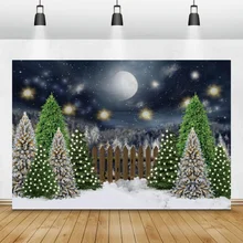 

Laeacco Winter Christmas Photo Backdrop Night Scene Snow Tree Moon Star Fence New Year Party Photography Background Photo Studio