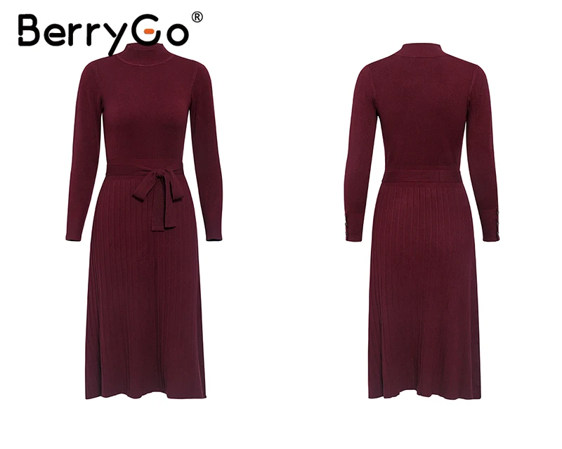 BerryGo, элегантное осеннее трикотажное платье для женщин, уличная одежда, пуговицы, ремень, облегающее длинное платье, Офисная Леди, водолазка, макси, платье-свитер