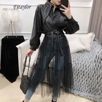 

Fitaylor Spring Faux Soft Leather Jacket Women Turndown Collar Pu Biker Zipper Leather Jacket Patchwork Tulle Street Overcoat
