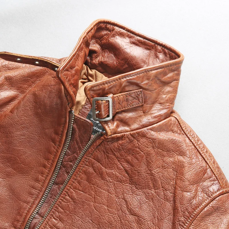 Male Genuine Leather Brown Jacket Simple Vintage Classic Cowskin Motorcycle Rider Jacket for Male European American Style Coat