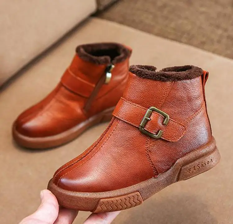 Новые зимние ботинки для детей Для мальчиков до щиколотки ботинки martin девичьи зимние ботинки, детская обувь из натуральной кожи с теплым мехом, Водонепроницаемый - Цвет: Brown