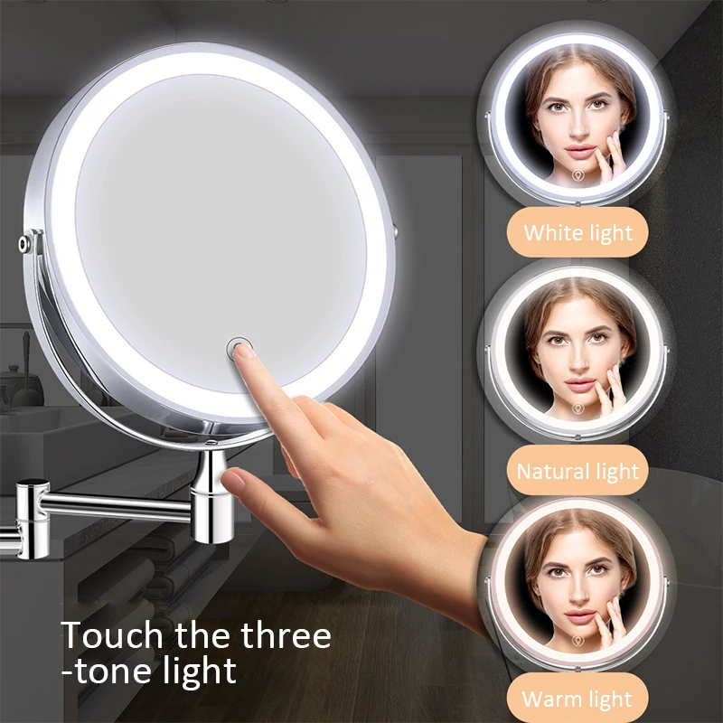 

8 Inch LED Double-Sided Makeup Mirror Wall-Mounted Folding Color Temperature Control with Lamp 7x 10x Magnifying Bathroom Mirror