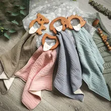 Anneau de dentition en bois de hêtre naturel pour bébé, jouet avec petite serviette, chaîne de sucette pliante 