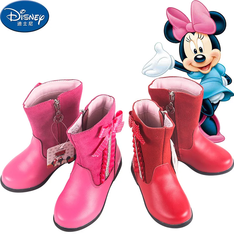 Disney/Детские осенне-зимние толстые теплые непромокаемые сапоги с рисунком Минни и бантом, расшитые блестками модные хлопковые сапоги длинные сапоги