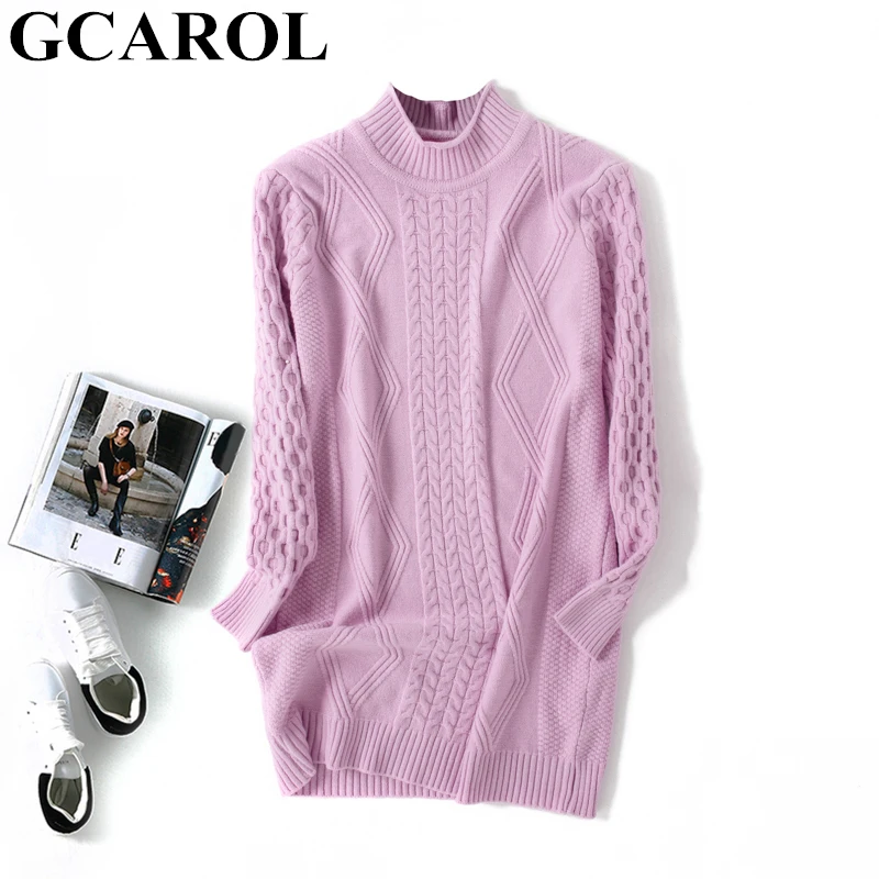 Розовый GCAROL осенне-зимний женский свитер с высоким воротником толстый теплый твист вязаный пуловер женский средней длины для отдыха вязаный джемпер - Цвет: Розовый