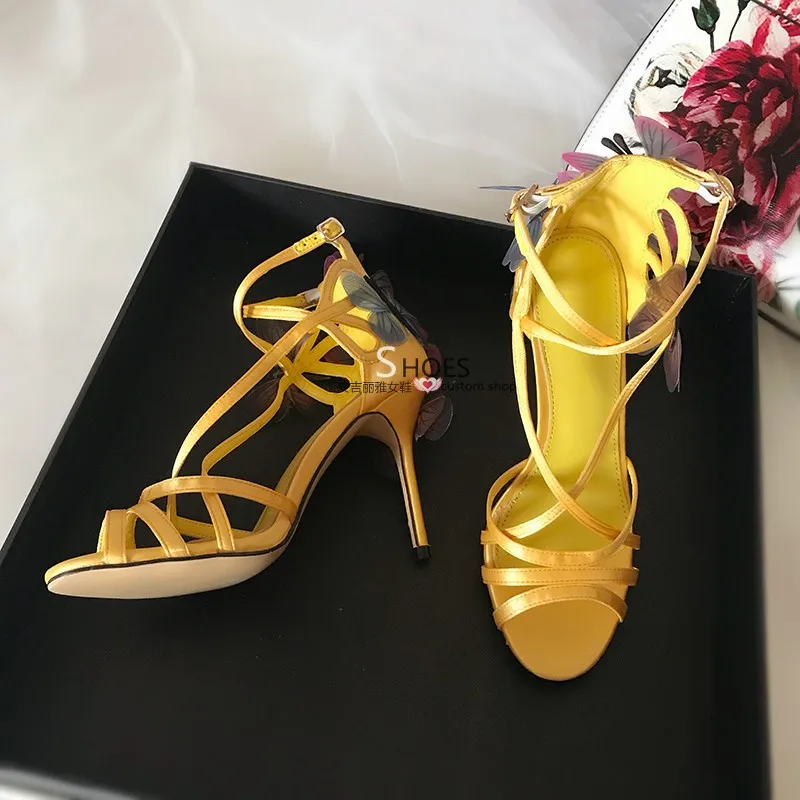 Butterfly Winding Dream Blue Fine-heeled Sandals Ribbon Flowers High-heeled Shoes Large Size Foreign Trade Women's Shoes