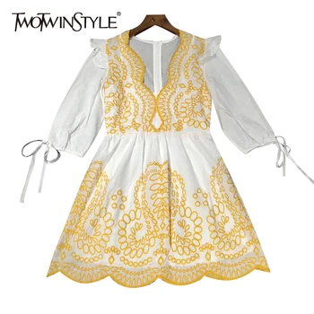

TWOTWINSTYLE Elegant Print Dresses Female V Neck Puff Long Sleeve Lace Up Bow High Waist Hit Color Mini Dress Women Fashion Tide