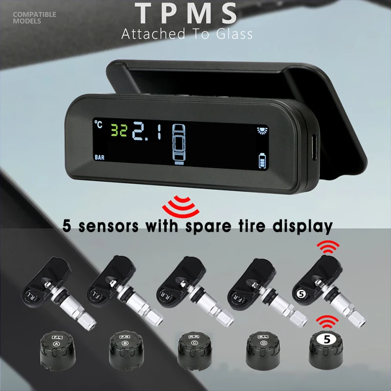 TPMS Original Wireless HD Solar Charge Car Tire Pressure Alarm Monitor System Display Turn On with Vibration with 4 5 8 Sensors