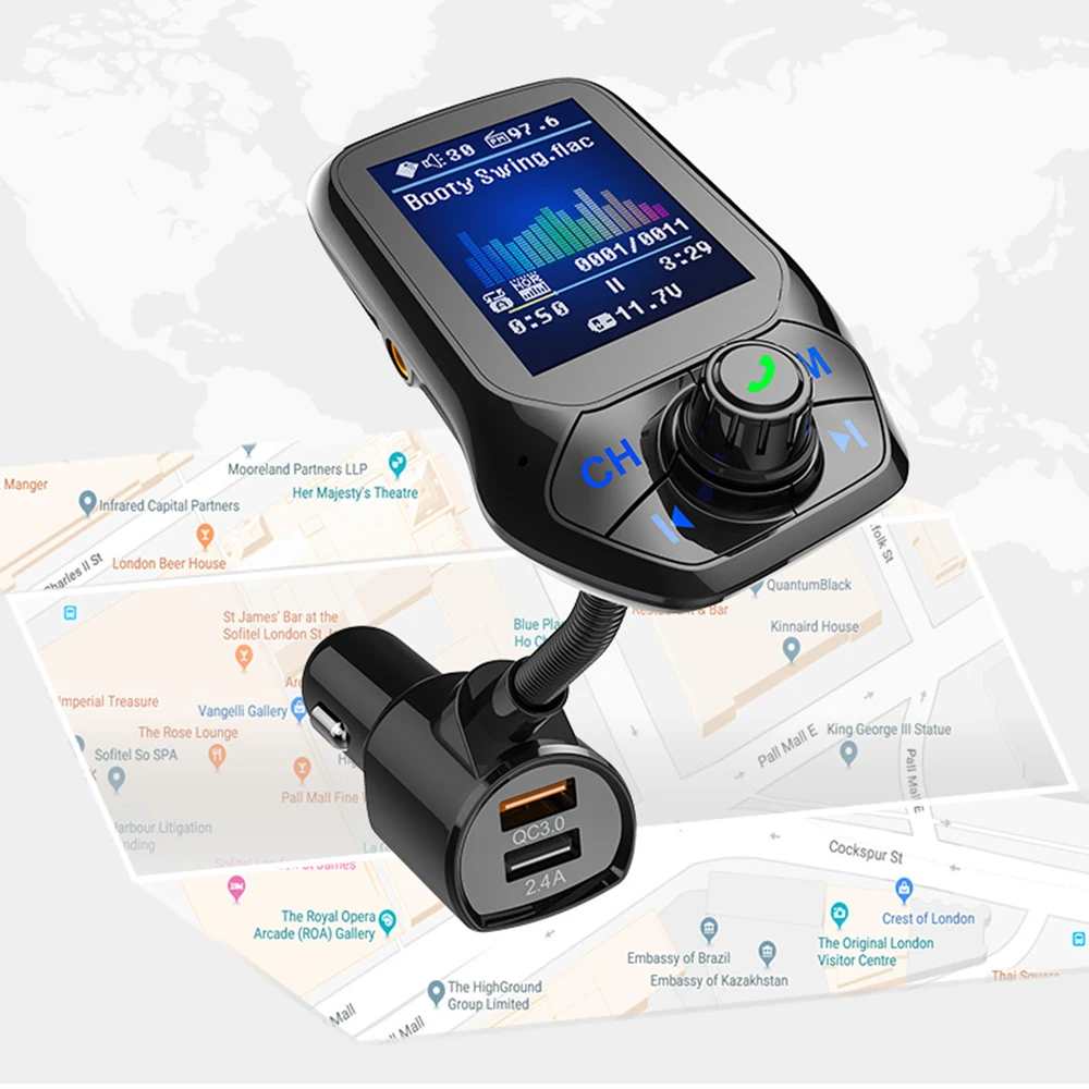 

car Bluetooth hands-free phone QC3.0 car FM transmitter MP3 player support SD card Fast charge large color screen