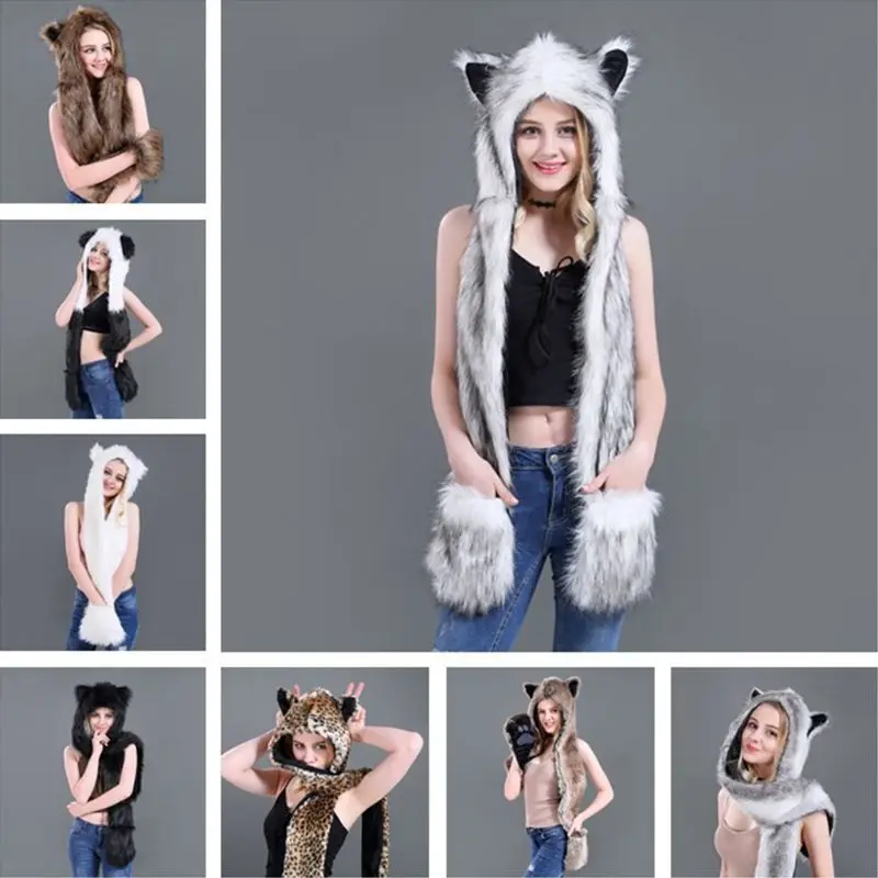 

3 In 1 Women Men Fluffy Plush Animal Wolf Leopard Hood Scarf Hat with Paws Mittens Gloves Thicken Winter Warm Earflap Bomber Cap