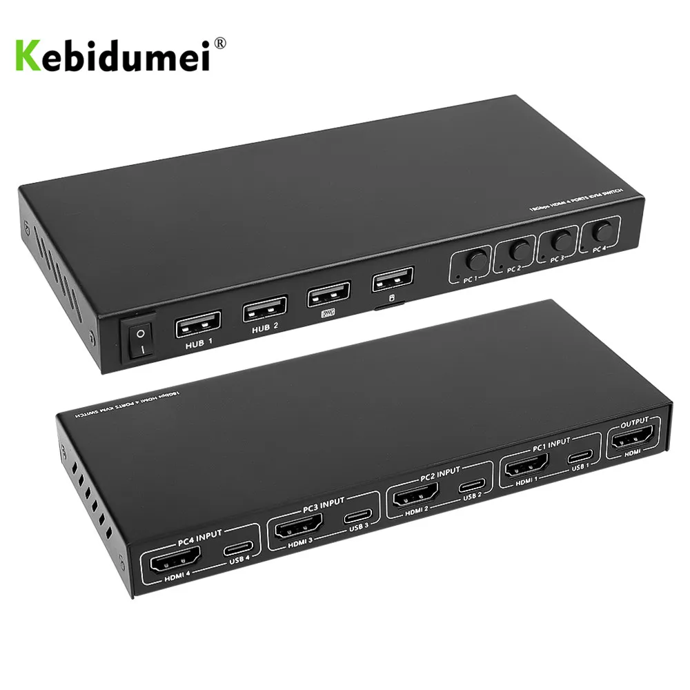 Caja de interruptor KVM con pantalla de vídeo 4K, conmutador USB de 2/4 puertos tipo C HDMI KVM, caja divisora para compartir teclado de impresora, ratón