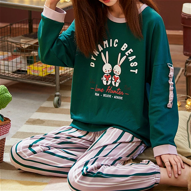 Autumn New Cotton Printing Lapel Top+ Long Pant 2 Piece Sets Pajamas Set For Women Cute Sleepwear Girls Pyjama M L XL XXL