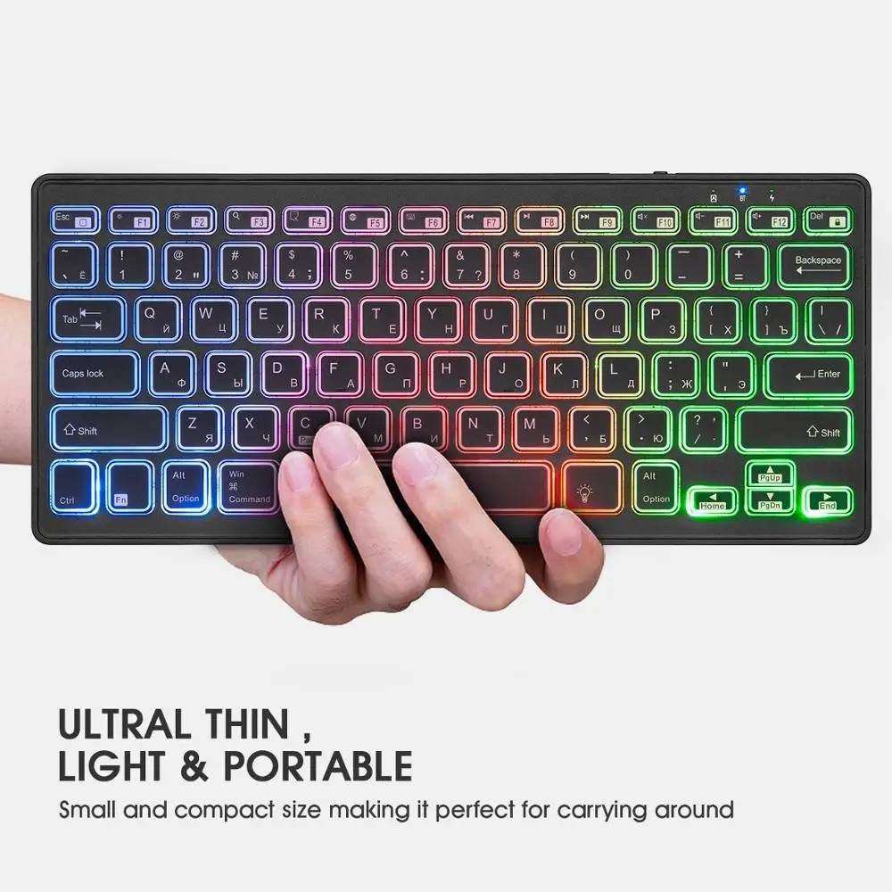 Rii-teclado ruso retroiluminado con Bluetooth 4,0, inalámbrico, multicolor, LED, arcoíris, batería recargable, para iOS, Android, MacBook