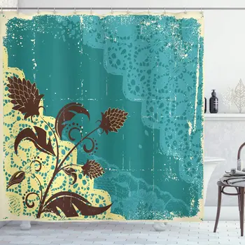 

Vintage Shower Curtain Flower Arrangement Lacework Old Aged Distressed Antique Display Bathroom Decor Set with Hooks 75" Long