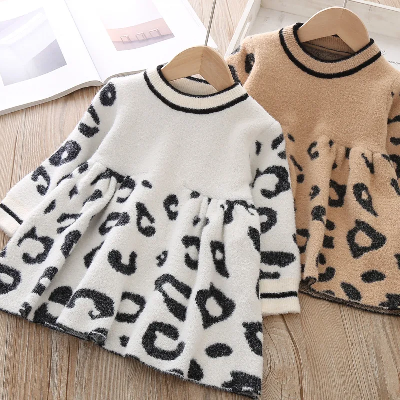 

Girls Dress 2019 Autumn And Winter Dress Children Knit Dress 2019 New Girls Leopard Crystal Sweater Dress Toddler Dresses