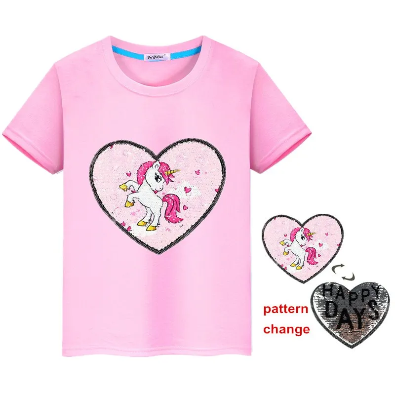 

Unicorn Summer Girls T-Shirts Cotton Kids T-Shirt With Sequin Reversible Boy Teenage Tees Tops Baby Children Clothes Blouse