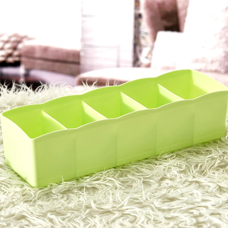 green 1 шт. пластиковый настольный органайзер, коробка для хранения носков, бюстгальтеров, галстуков, ячеек, Сортировочная коробка, ящик с пятью сетками, Коробка Для Хранения нижнего белья - Цвет: green