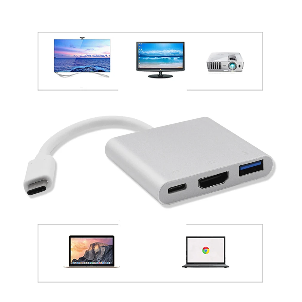 Профессиональный USB 3,1 к HDMI+ USB 3,1+ USB 3,0 адаптер конвертер Алюминий Корпус Прочный USB конвертер Кабель серебро