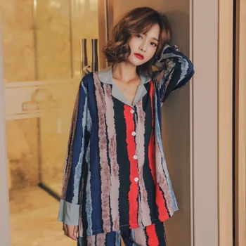 

Autumn New Ladies Pajamas Long-Sleeved Cotton Silk sleepwear stripe Contrast color Pajama set