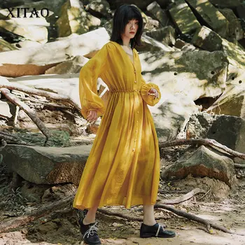 

XITAO Lazy Vacation Style Yellow Dress Plus Size Patchwork Pleated Women Clothes 2020 Spring New V Neck Elegant Dress XJ4326
