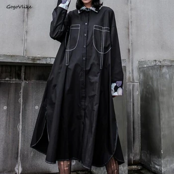 

Elegant Solid Black Midi Dress Irregular Lapel Long Sleeve Loose Casual Plus Size Dress Women 2019 Cool Pockets Dresses LT712S30