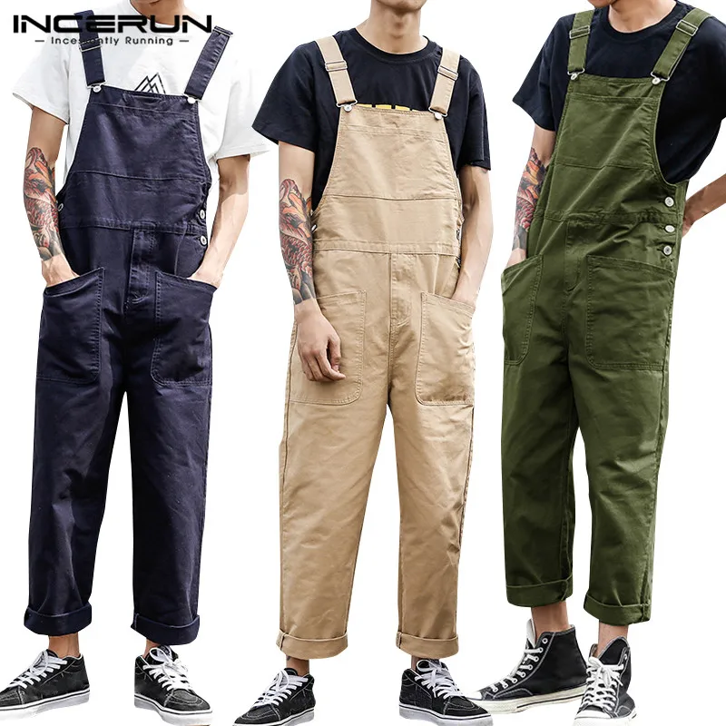 Jumpsuits Bib-Pants Overalls Suspenders Multi-Pockets Streetwear Joggers Men Cargo Solid-Color