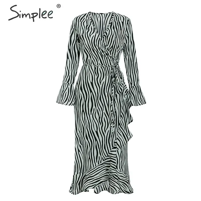 Simplee женское платье Vintage зебра в полоску с длинным рукавом с рюшами Осень зима женская вечеринка платье миди - Цвет: Серый