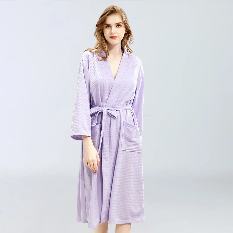 Light Purple Халат для пар, одежда для сна, 6 цветов, женский, мужской, вафельный, в клетку, банный халат с поясом, осень, Мягкий банный халат, домашняя одежда, Прямая поставка - Цвет: Light Purple