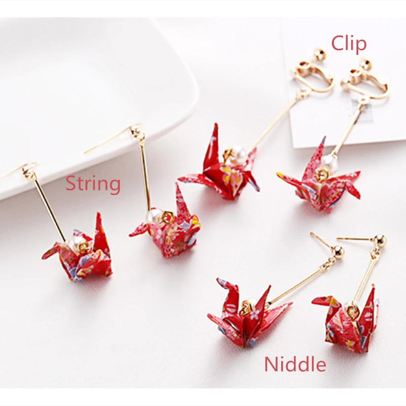 Origami Green Crane dangle earrings with beads