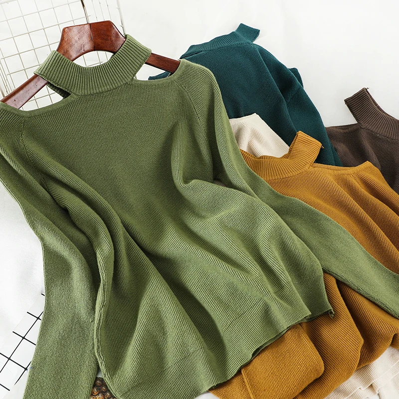 Heliar Halter neck Off Shoulder Sweater For Women Streetwear Fashion Long Casual Solid Knitting Pullovers | Женская одежда