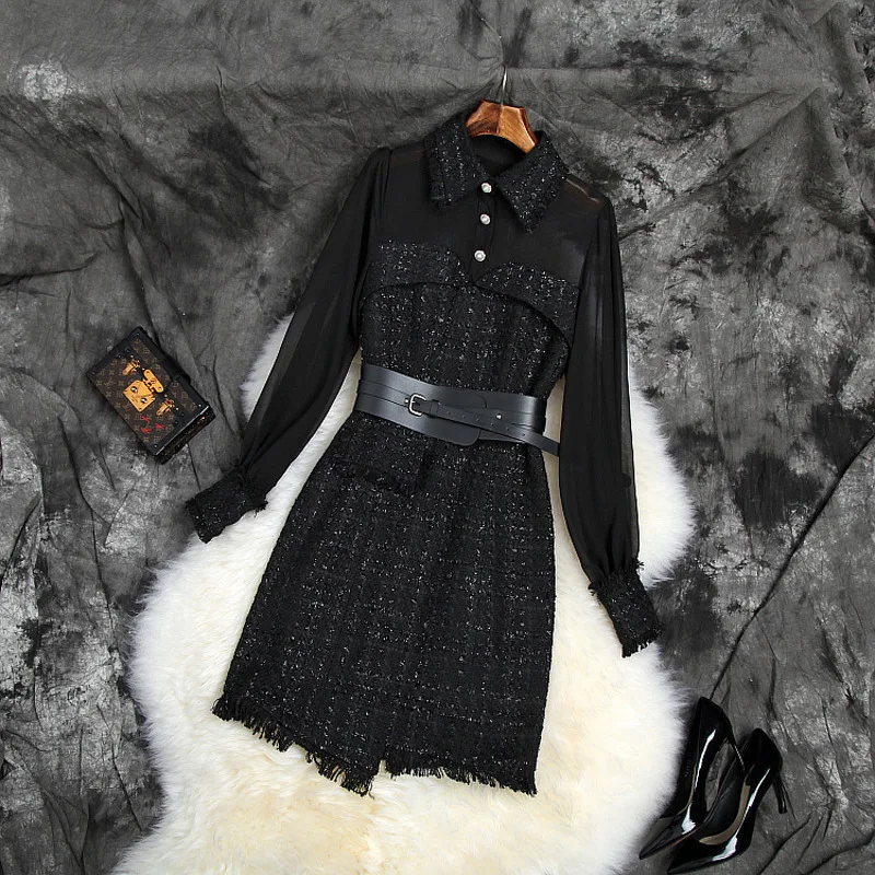 

New 2019 women chiffon long sleeve patchwork tweed winter dress turn down collar sexy mini black dresses wide belt