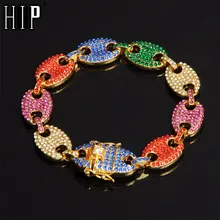 Хип-хоп, многоцветная, ширина, со стразами, 13 мм, 20 см, золото, серебро, кофейные зерна, звеньевая цепь, браслеты, цепь для Мужчин, Ювелирные изделия