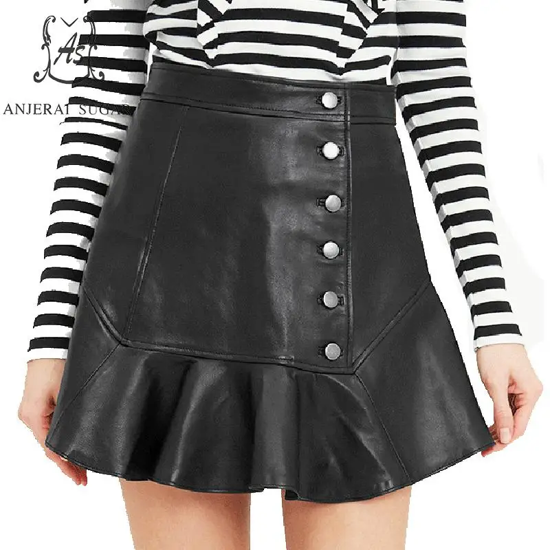 Весна Осень Овчина натуральная кожа юбки женские черные сексуальные тонкие Высокая талия рюшами подол пуговицы женские плиссированные кожаные юбки