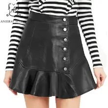 Весна Осень Овчина натуральная кожа юбки женские черные сексуальные тонкие Высокая талия рюшами подол пуговицы женские плиссированные кожаные юбки