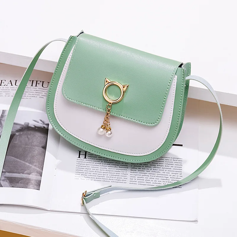 

Women's Korean-style Contrast Color Saddle Bag 2019 Autumn And Winter New Style Crossbody/shoulder Bag Cat Ears Pendant Mobile P