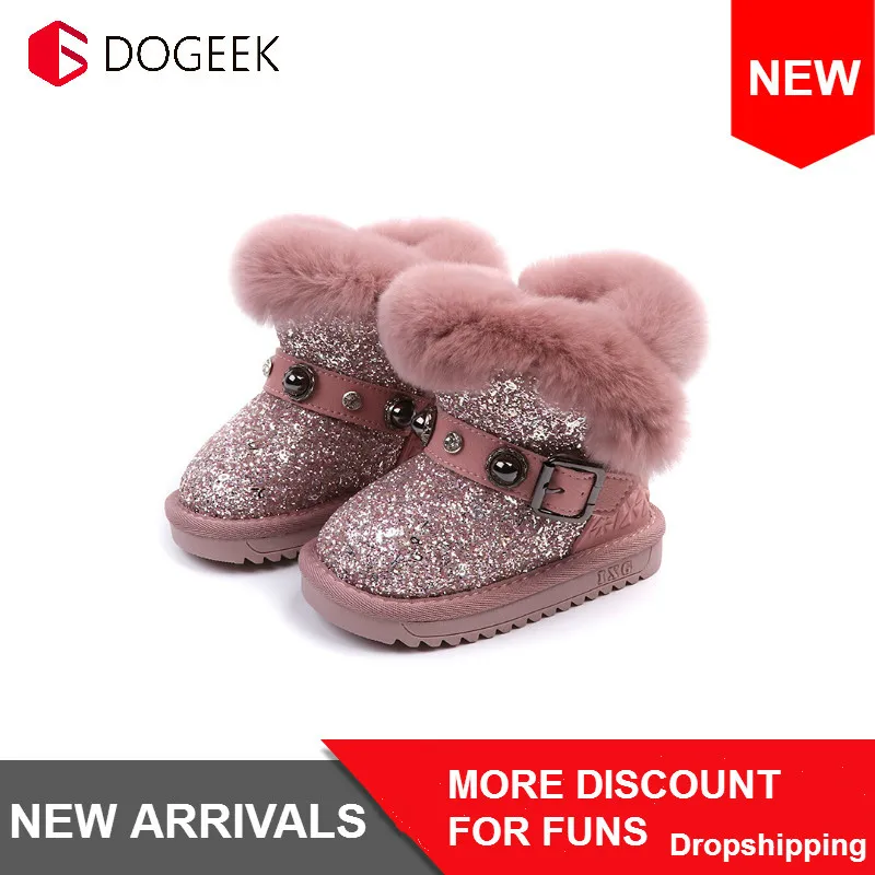 

DOGEEK Snow Boots Girl Winter Baby Kids Boots Anti Slip Warm Cotton Girls Ankel Boot Children Soft Rabbit Fur Rhinestone Rivet