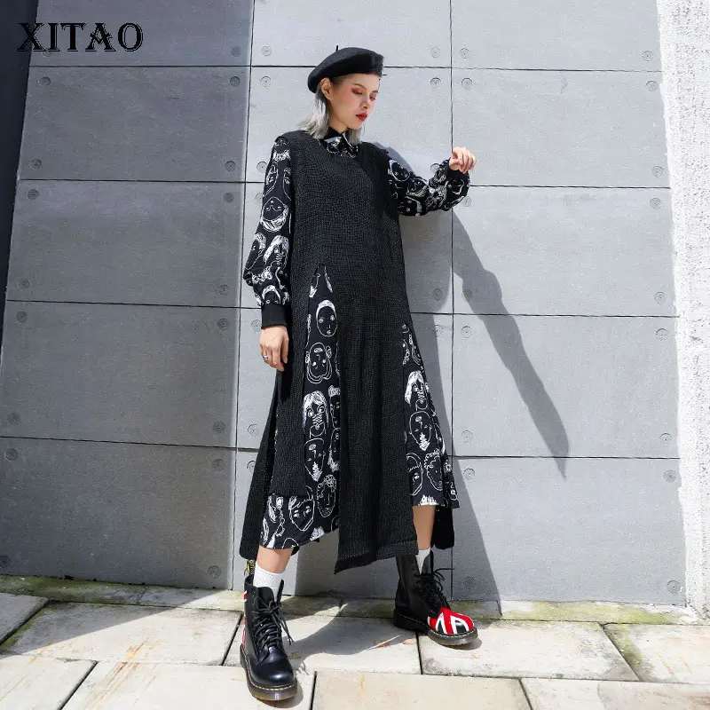 

XITAO Split Two Piece Set Dress Women Fashion Single Breast Elegant 2019 Autumn Small Fresh Casual Minority Long Dress WLD2548