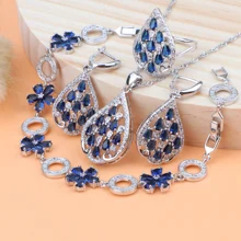 Свадебные серебряные 925 Ювелирные наборы серьги для женщин свадебный Голубой цирконий ювелирные кольца костюм ожерелье кулон Набор подарочных коробок