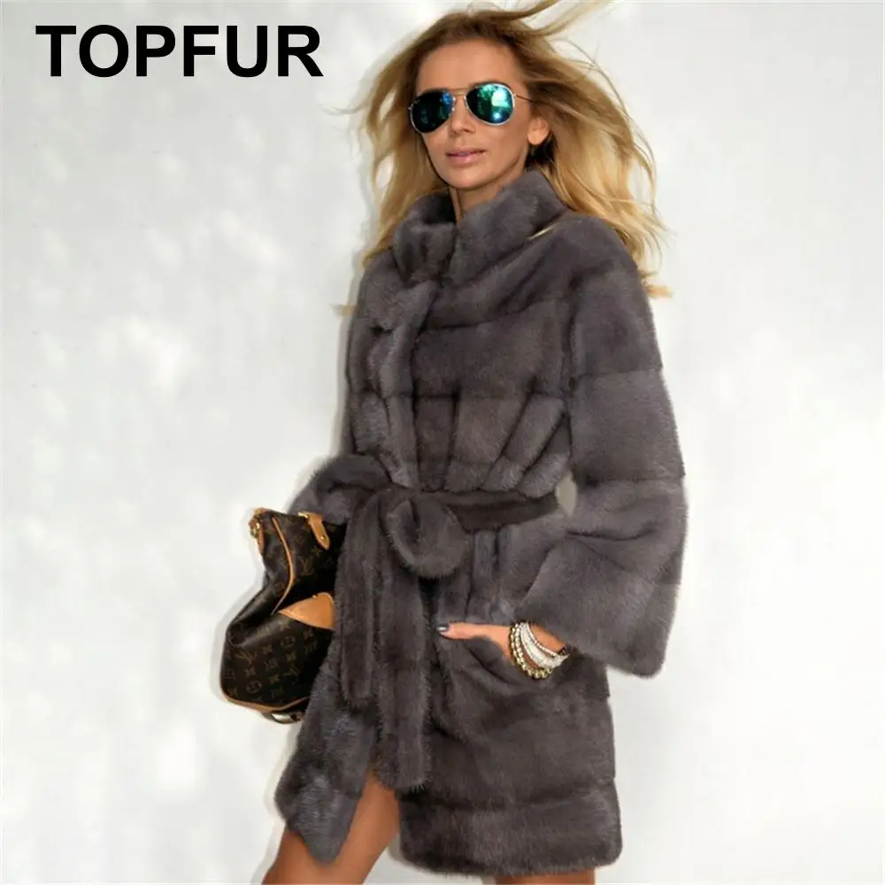 Новая модная темно-серая норковая шуба TOPFUR с меховым воротником средней тонкости