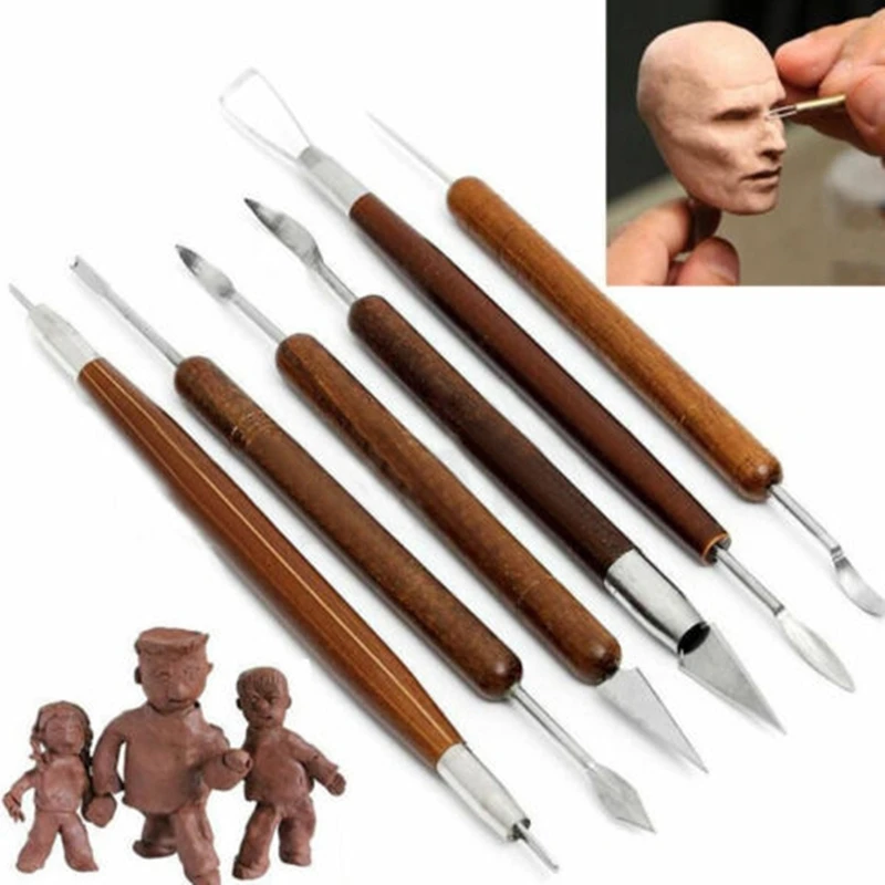 

modeling sculpting tools 6pcs/set Sharp Clay Wax Carving Pottery Shapers Wood Handle Ceramic Pottery Sculpture Carving Tool