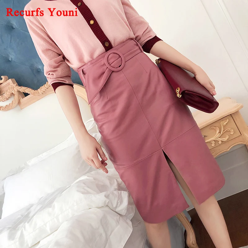 

RYS9325 Winter Women Genuine Leather 65cm Long Wrap Skirt Female Ring Belt High Waist Faldas Mujer Front Slit OL Sexy Pink Jupe