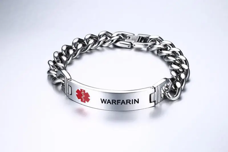Mens Medical Alert ID Bracelets Stainless Steel Link Chain Wristband WARFARIN 15