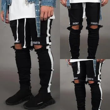 

2 Styles Men Stretchy Ripped Skinny Biker Embroidery Print Jeans Destroyed Hole Taped Slim Fit Denim Scratched High Quality Jean