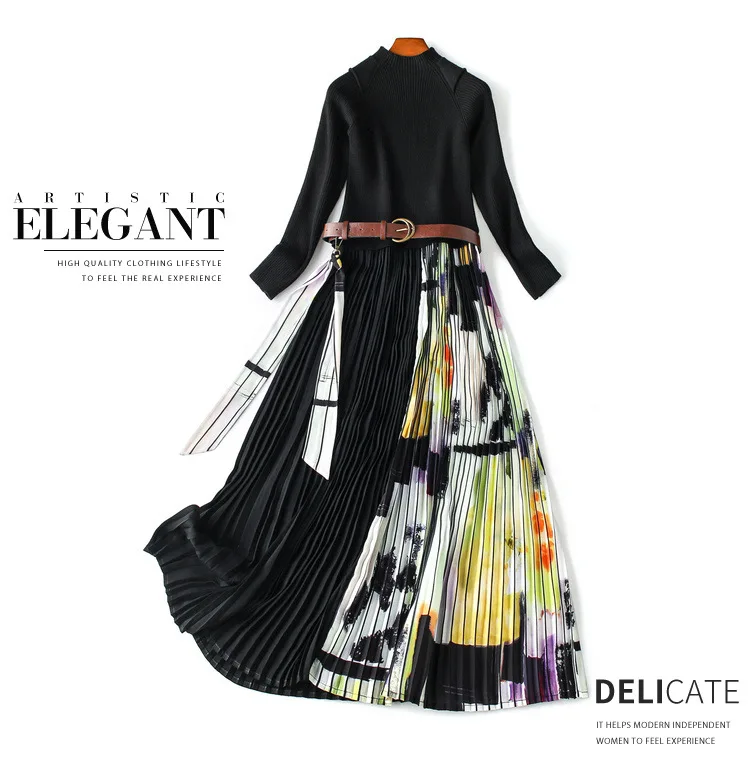 Women autumn winter dress long sleeve knitted sweater dress belt patchwork geometric print midi pleated dresses black