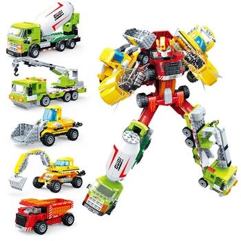 

Gudi Creative Bricks 2 in 1 Transform Robot /truck Building Blocks sets 5 trucks into 1 big robot Technic toys for Kids gift